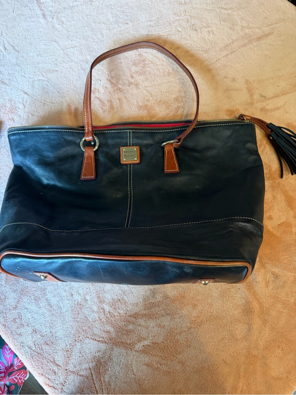 Dooney & Bourke Black Leather Tote with Brown Trim and Tassel